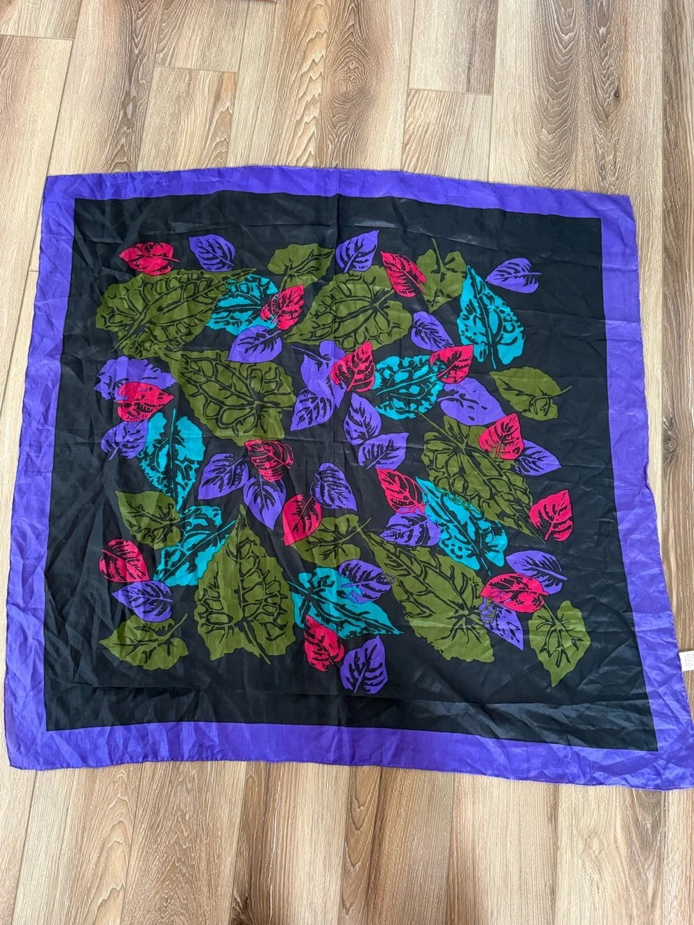 Vintage 100% Silk Vibrant Leaf Print Scarf - Purple Border Black Background